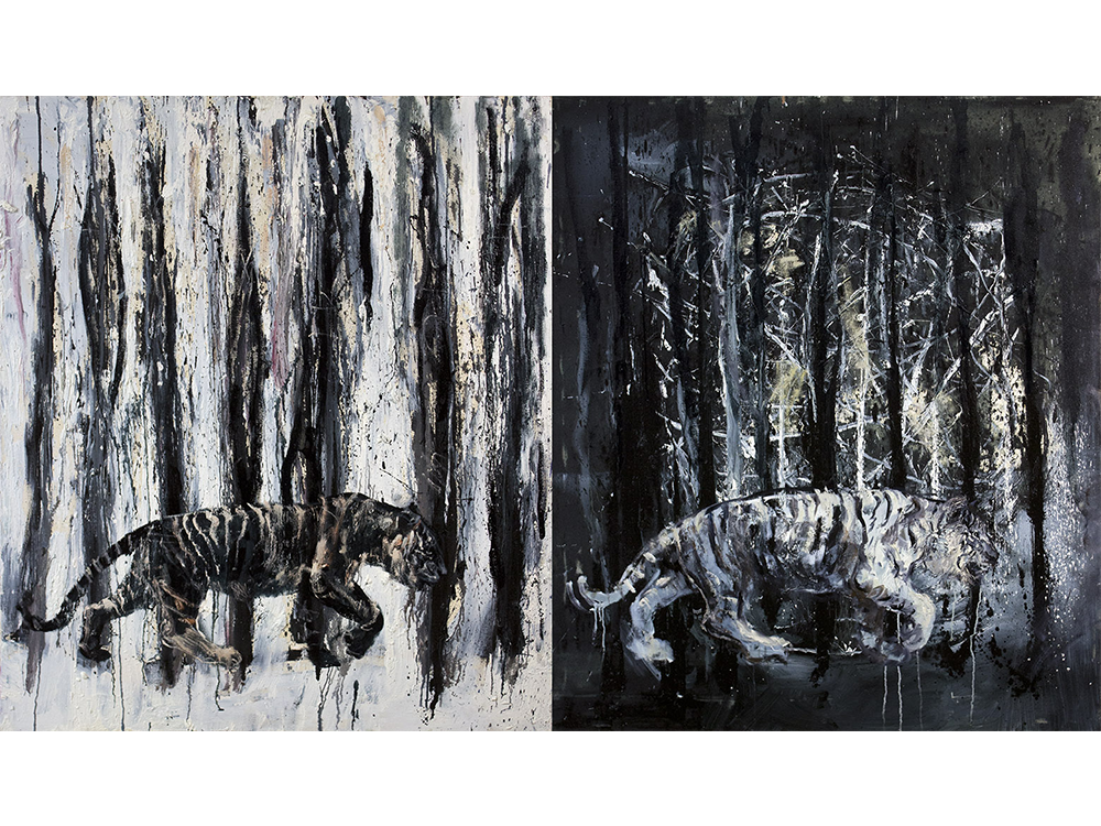  14 DÍPTICO, WHITE TIGER AND BLACK TIGER, 2014, 140 x 240 cm