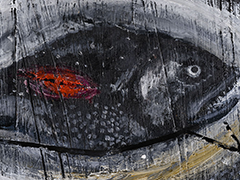  28 Black fish with cut, oil on wood 34,5 x 57.5 cm