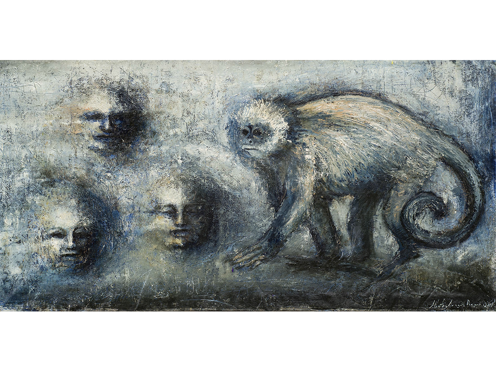  110 Seres y monos, óleo sobre tela, 75 x 150 cm